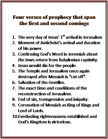 Text Box: Four verses of prophecy that span  the first and second comings    1.	The very day of Jesus’ 1st arrival in Jerusalem  2.	Moment of Antichrist’s arrival and duration of his power.  3.	Confirming God’s Word in Jeremiah about the Jews return from Babylonian captivity.  4.	Jesus would die for the people.  5.	The Temple and Jerusalem once again destroyed after Messiah is “cut off”.  6.	Salvation of the Gentiles.  7.	The exact time and conditions of the reconstruction of Jerusalem.  8.	End of sin, transgression and iniquity.  9.	Coronation of Messiah as King of Kings and Lord of Lords.  10.	Everlasting righteousness established and God’s Kingdom is victorious.    
