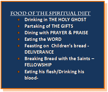 Text Box: Food of the Spiritual Diet  •	Drinking in THE HOLY GHOST  •	Partaking of THE GIFTS   •	Dining with PRAYER & PRAISE  •	Eating the WORD  •	Feasting on  Children’s bread - DELIVERANCE  •	Breaking Bread with the Saints – FELLOWSHIP  •	Eating his flesh/Drinking his blood-  